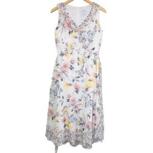 NICOLE MILLER Floral Cottagecore Contrast Trim  A-Line Midi Dress Size 6